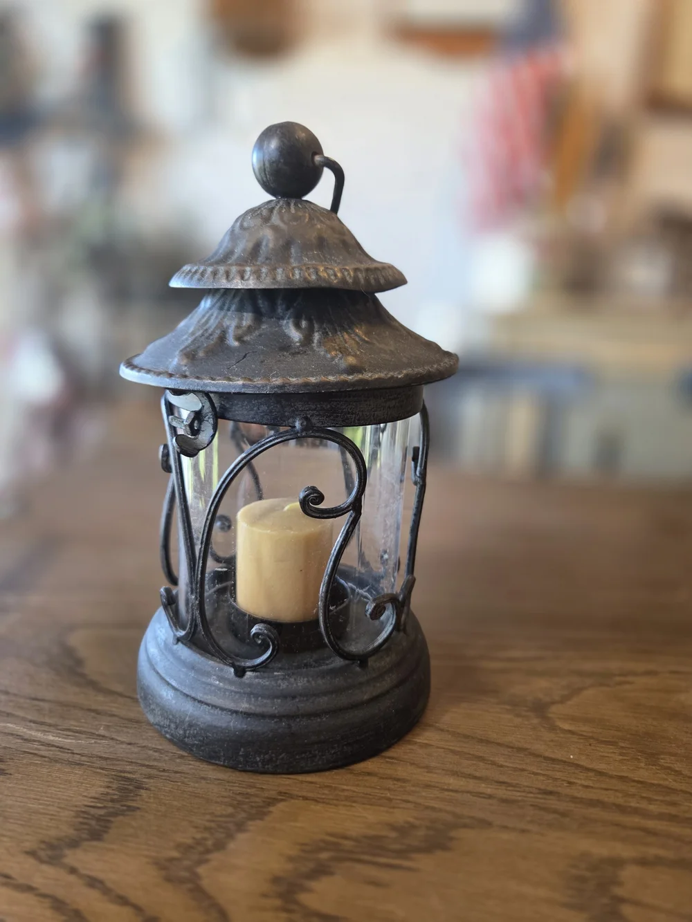 Vintage Black Metal Lantern with Tan Candle